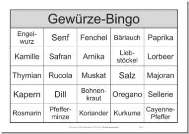 Namen von Gewürzen anstatt Bingozahlen - der Spiele-Klassiker Bingo als Themenbingo
