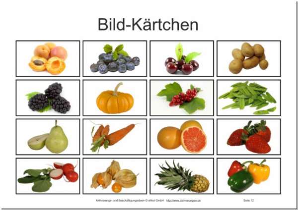 Bekannte Obstsorten und bekanntes Gemüse sind im Bilderbingo Obst und Gemüse enthalten