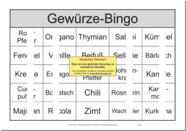 Bingokarte für das Bingo zum Thema Gewürze