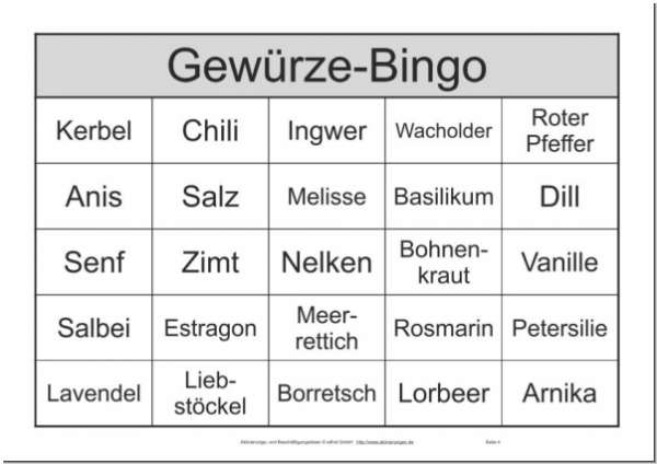 Bingokarte zum Markieren der beim Bingo-Spiel für Senioren gezogenen Begriffe