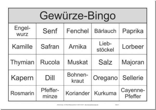 Namen von Gewürzen anstatt Bingozahlen - der Spiele-Klassiker Bingo als Themenbingo