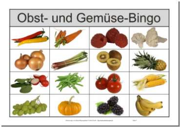 bei Bingo-Runden spielen die Senioren (auch mit Alzheimer Demenz) mit Spielscheinen auf denen 16 gute Fotos von Obst & Gemüse ist