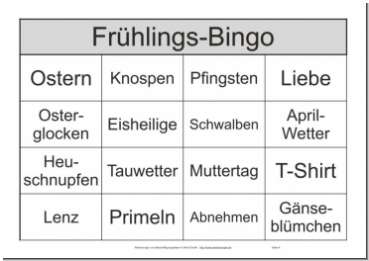 Die 16 Begriffe auf diesem Bingo-Spiel-Schein können alle mit der Jahreszeit Frühling assoziiert werden