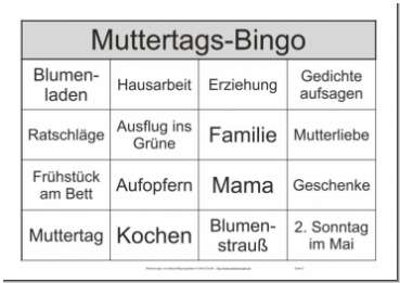 Auf jedem der 10 Bingokarten des Seniorenbingo - Spiels zum Muttertag sind 16 Muttertags-Begriffe gedruckt