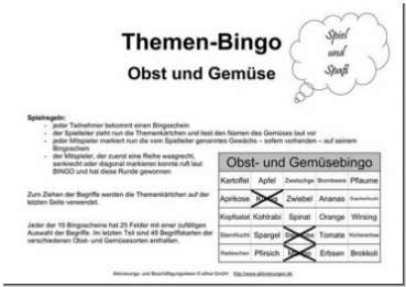 Bilder-Bingo-Spiel für Senioren mit Bildern von Obst und Gemüse