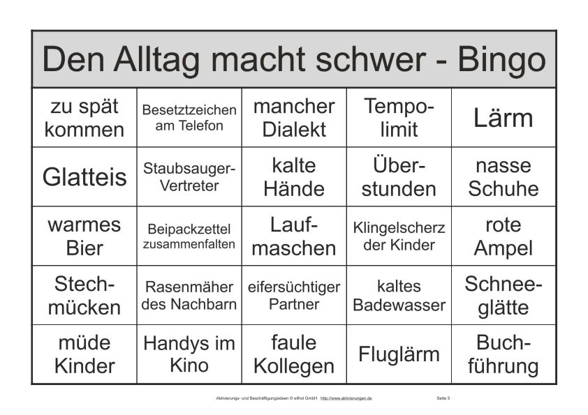 Wie Spielt Man Bingo Mit Bildern Bingo-Spiel mit Begriffen von Dingen die den Alltag schwer machen