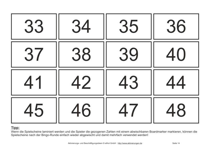 Bingo Spielscheine Mit Zahlen Von 1 Bis 48