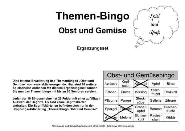 Ergänzungsset zum Themen-Bingo-Spiel Obst & Gemüse für Senioren