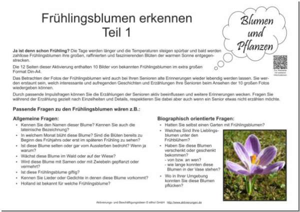 Informationen zu Gesprächsimpulsen für Senioren zum Thema Frühlingsblumen