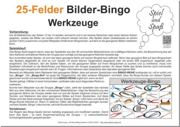 Auf dem Deckblatt befindet sich die Beschreibung und Spielanleitung für Bilder-Bingo-Spiele mit Senioren