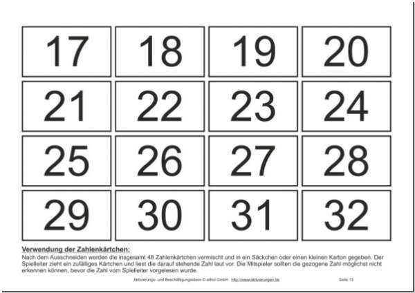 mit den 48 Zahlenkärtchen können Sie die Bingo-Zahlen genauso wie mit Bingo-Kugeln ziehen