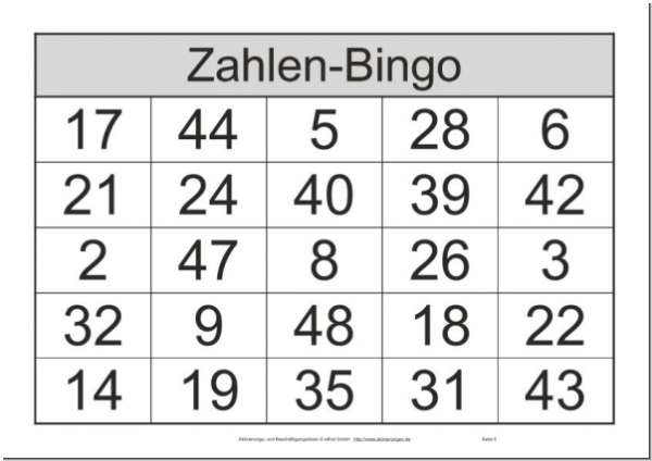 Bingo-Spiel mit Zahlen zwischen 1 und 48