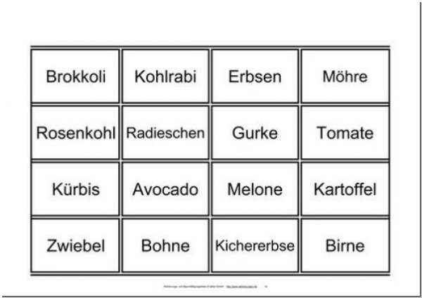 Bingoscheine in DinA4 zum Thema Obst & Gemüse, für Senioren optimal